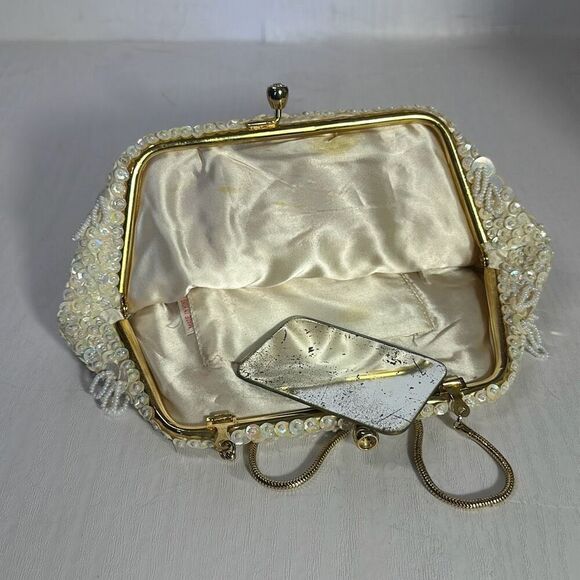 Vintage Hand Beaded Clutch Purse Beige Handbag Kisslock Handbag Gold Hardware - Picture 6 of 6